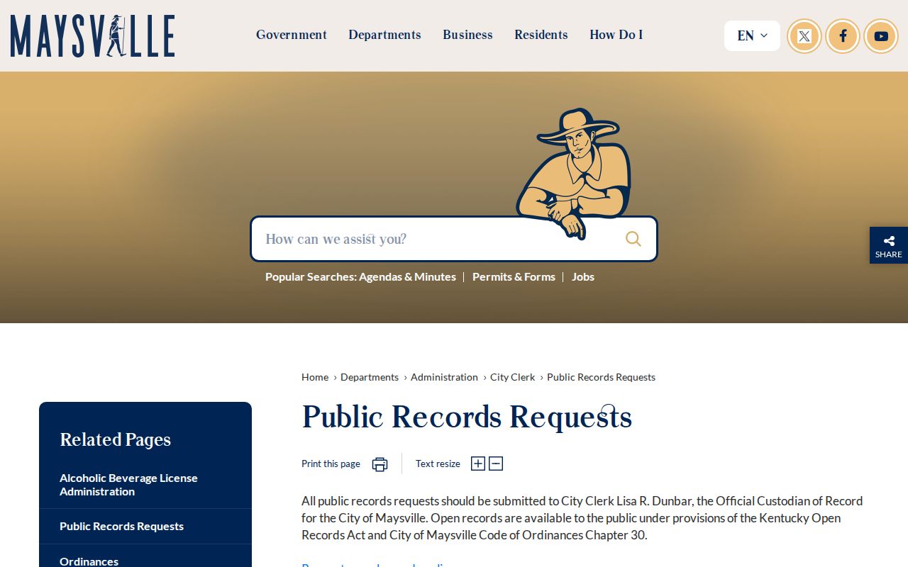 Maysville public records request page for arrest reports