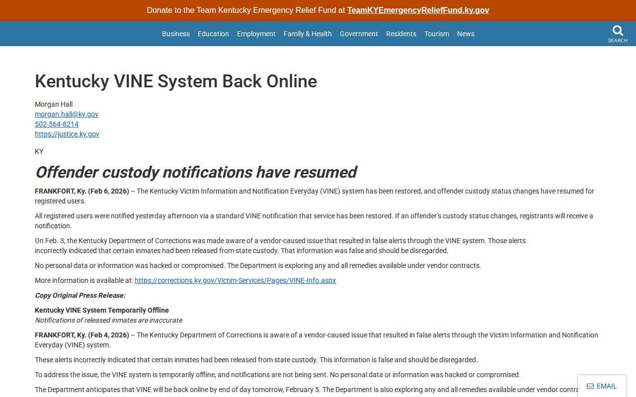 Kentucky VINE restoration and false release alert notice