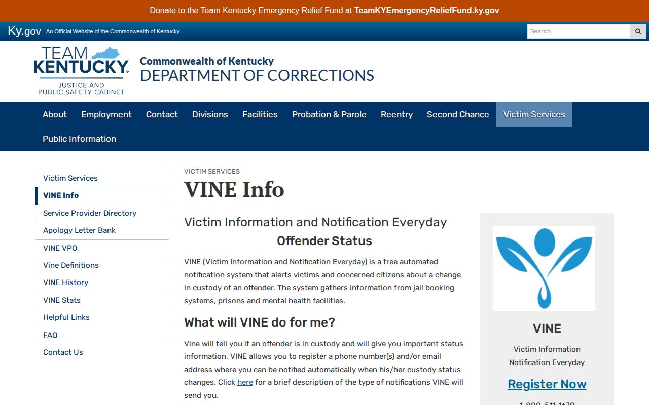 Kentucky VINE custody alert instructions for Mason County